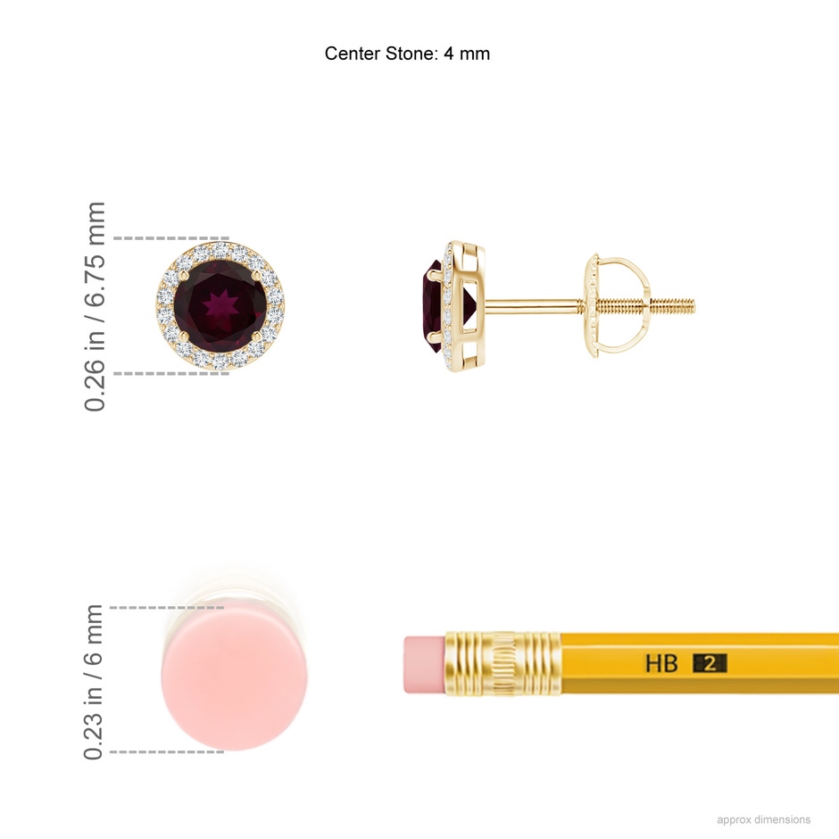 4mm A Vintage-Inspired Round Rhodolite Halo Stud Earrings in 18K Yellow Gold ruler