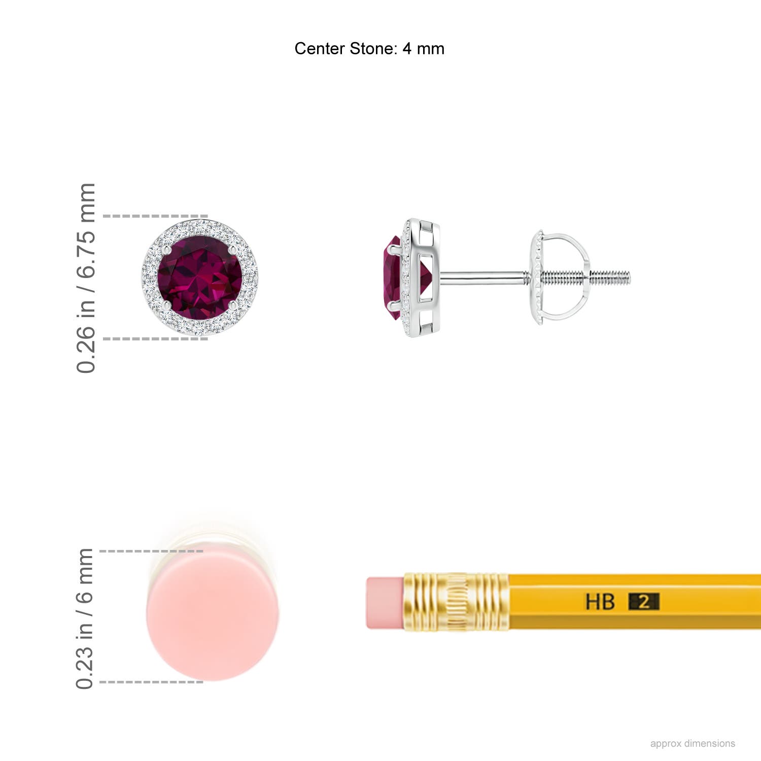 4mm AAAA Vintage-Inspired Round Rhodolite Halo Stud Earrings in White Gold - ruler