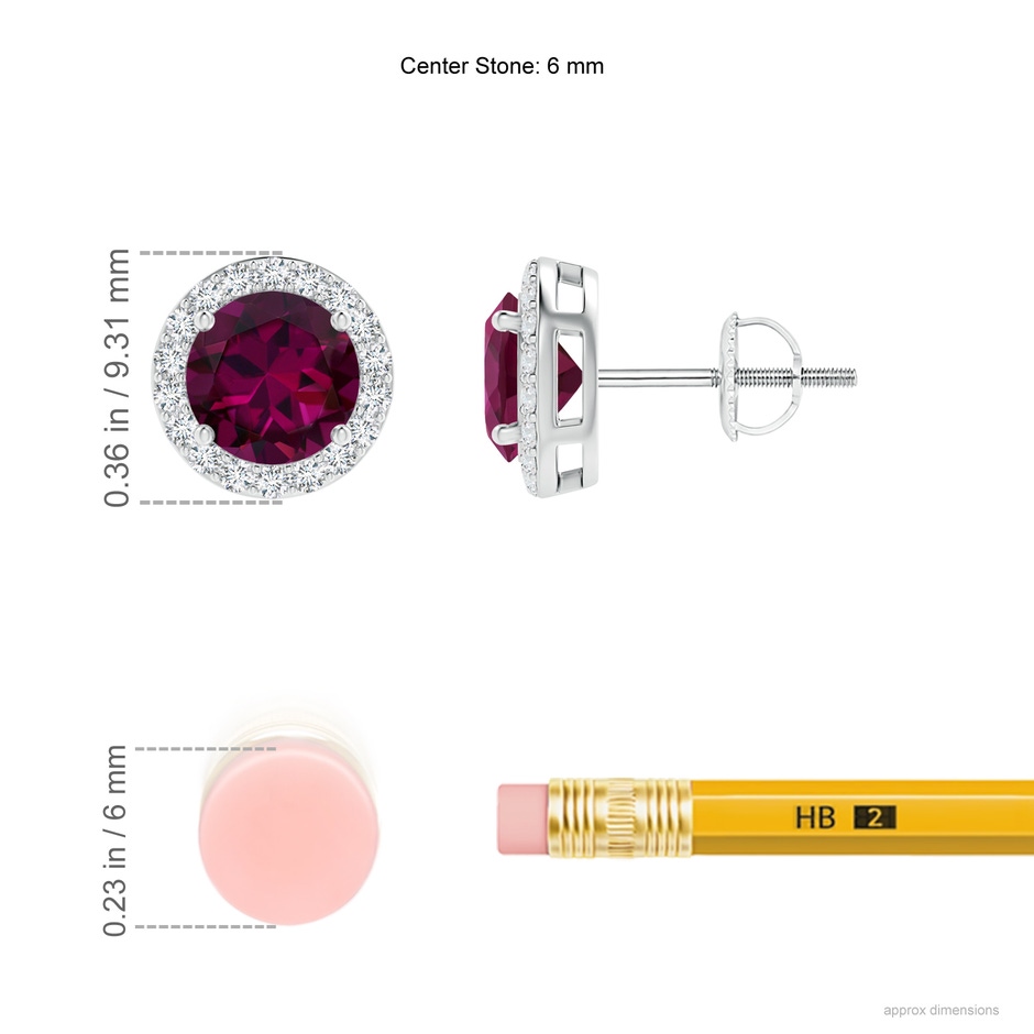 6mm AAAA Vintage-Inspired Round Rhodolite Halo Stud Earrings in White Gold ruler