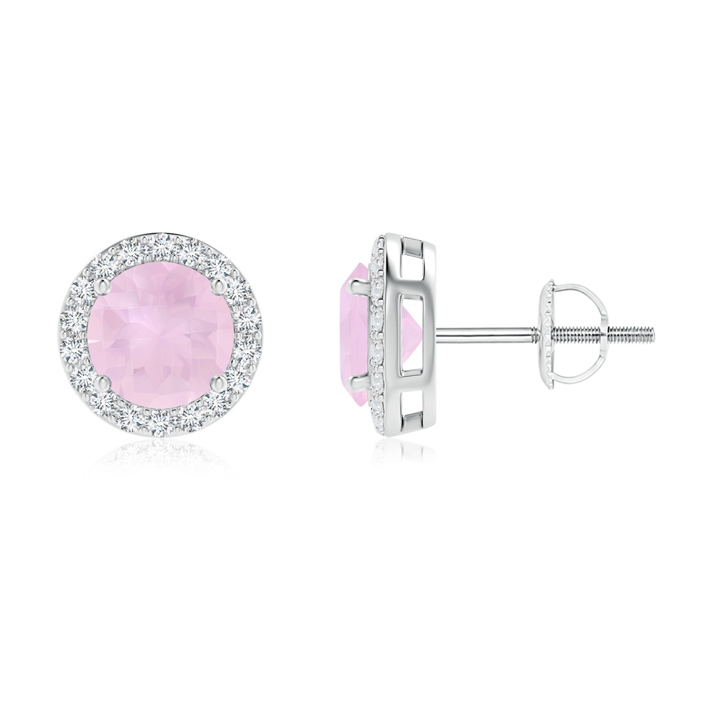 6mm AAA Vintage-Inspired Round Rose Quartz Halo Stud Earrings in White Gold