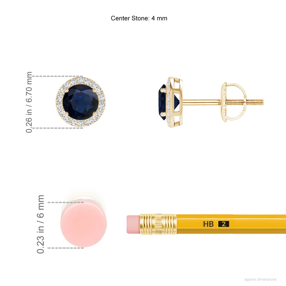 4mm A Vintage-Inspired Round Blue Sapphire Halo Stud Earrings in Yellow Gold ruler