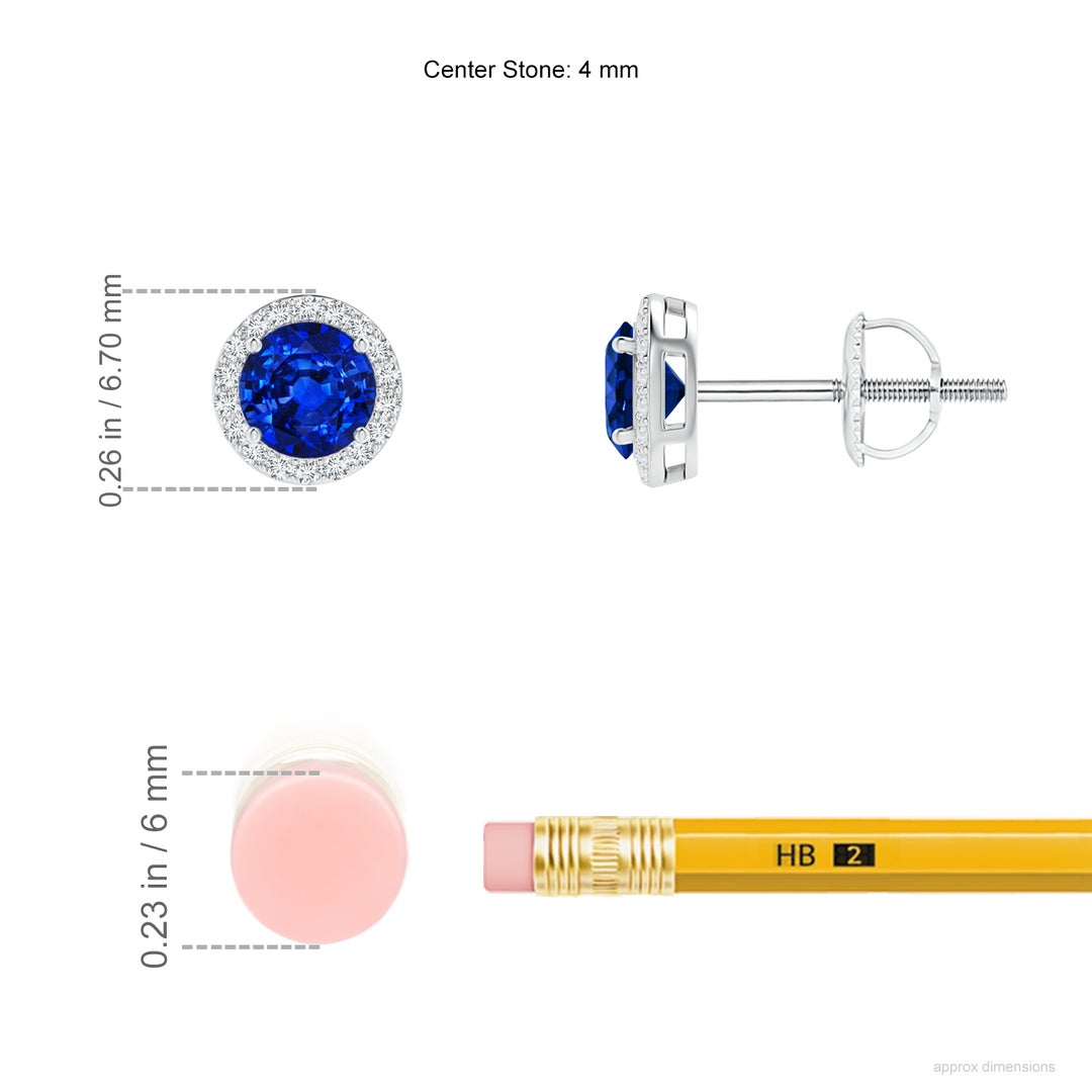 4mm AAAA Vintage-Inspired Round Blue Sapphire Halo Stud Earrings in White Gold - ruler