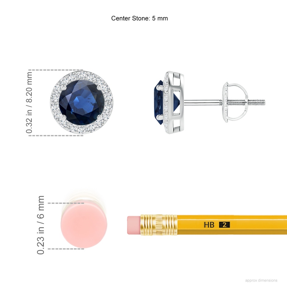 5mm AA Vintage-Inspired Round Blue Sapphire Halo Stud Earrings in White Gold ruler