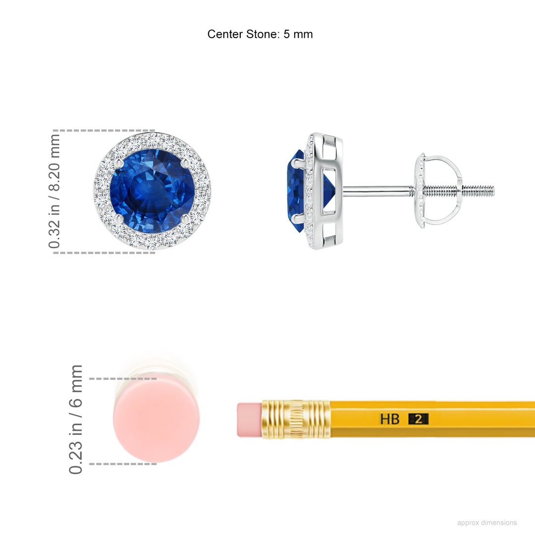 5mm AAA Vintage-Inspired Round Blue Sapphire Halo Stud Earrings in White Gold - ruler