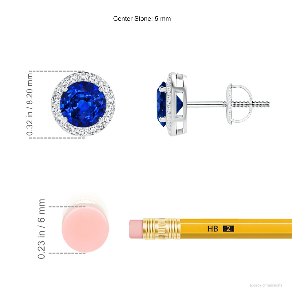 5mm AAAA Vintage-Inspired Round Blue Sapphire Halo Stud Earrings in White Gold ruler