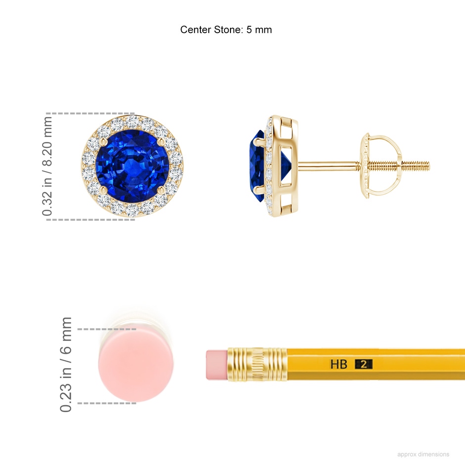 5mm AAAA Vintage-Inspired Round Blue Sapphire Halo Stud Earrings in Yellow Gold ruler