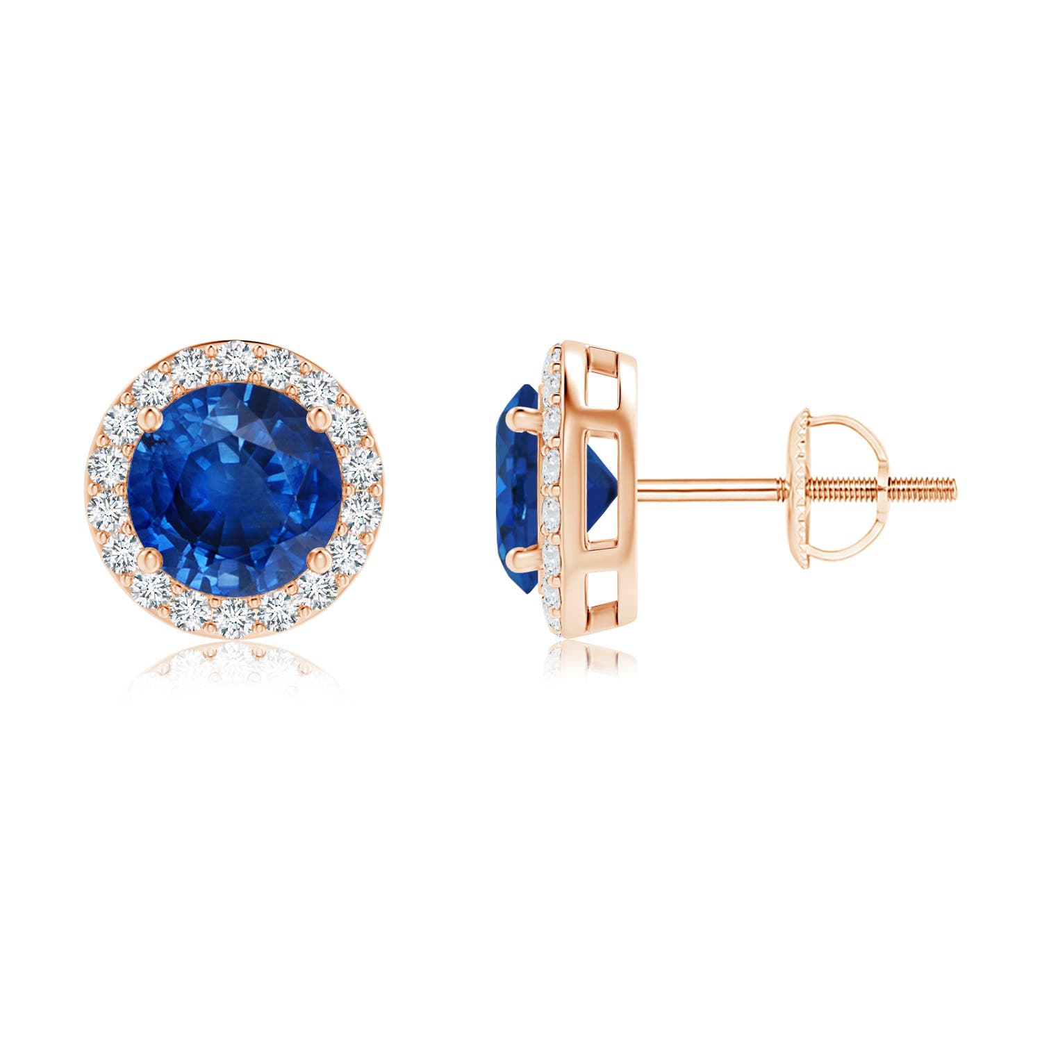 6mm AAA Vintage-Inspired Round Blue Sapphire Halo Stud Earrings in 18K Rose Gold