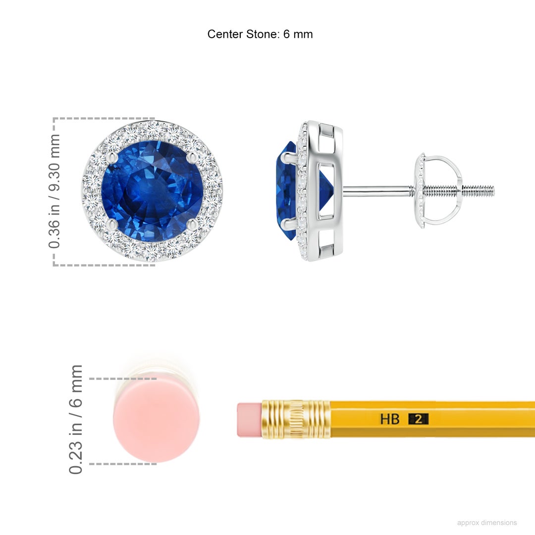6mm AAA Vintage-Inspired Round Blue Sapphire Halo Stud Earrings in White Gold - ruler
