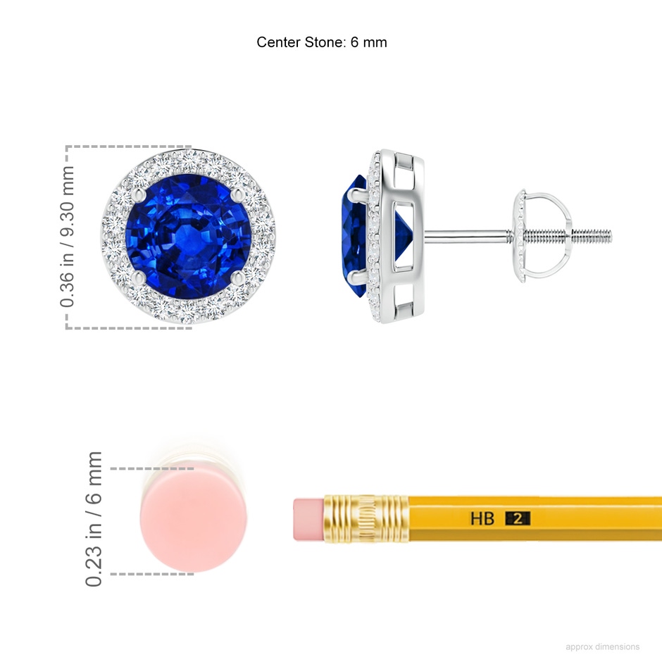 6mm AAAA Vintage-Inspired Round Blue Sapphire Halo Stud Earrings in P950 Platinum ruler