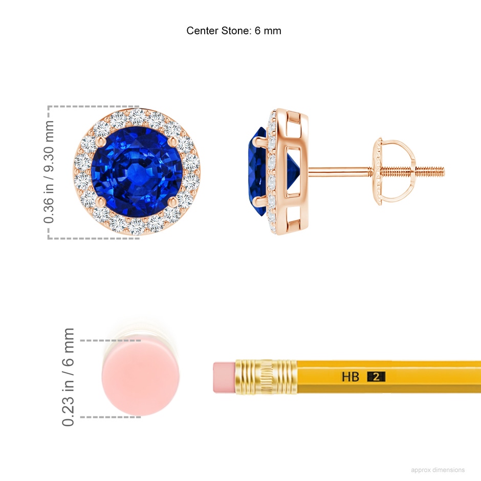 6mm AAAA Vintage-Inspired Round Blue Sapphire Halo Stud Earrings in Rose Gold ruler