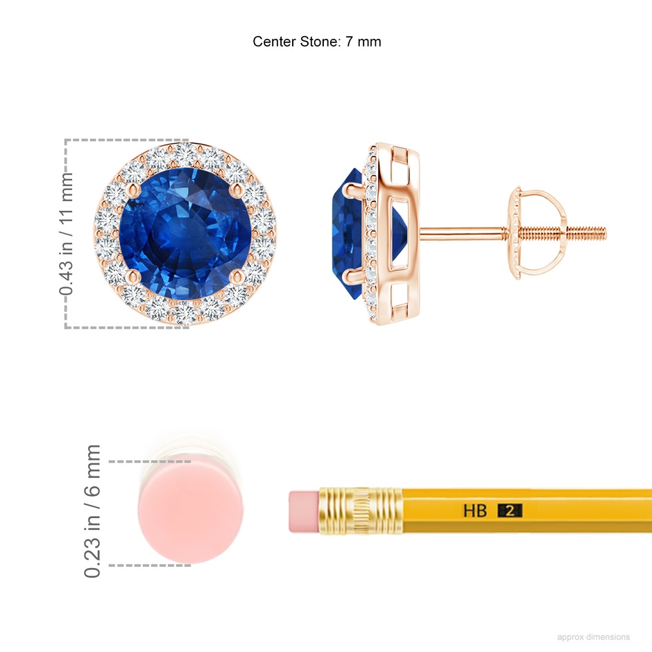 7mm AAA Vintage-Inspired Round Blue Sapphire Halo Stud Earrings in Rose Gold ruler