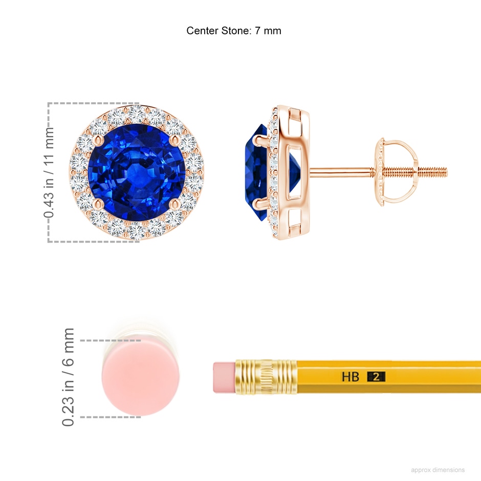 7mm AAAA Vintage-Inspired Round Blue Sapphire Halo Stud Earrings in Rose Gold ruler