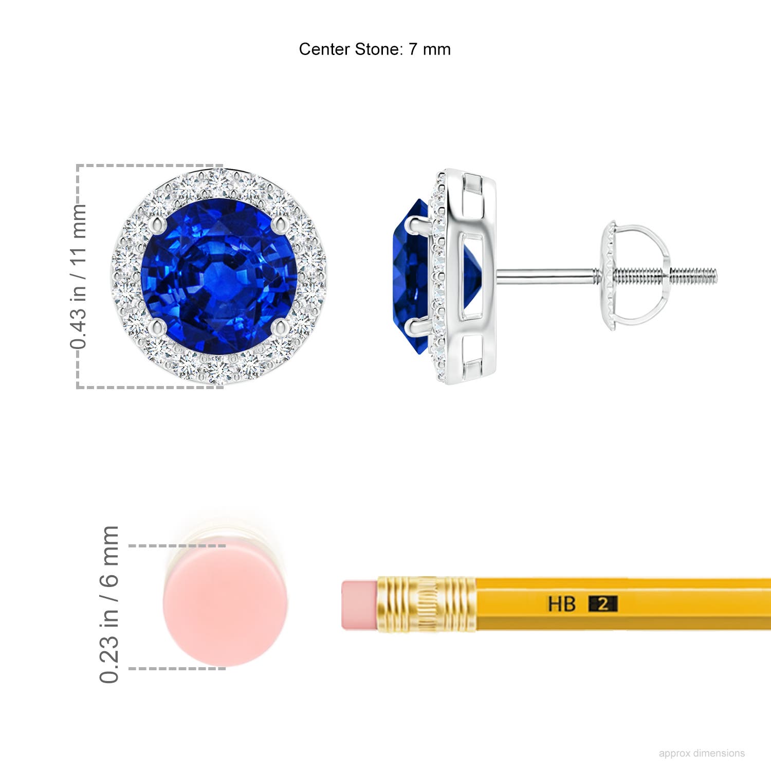 7mm AAAA Vintage-Inspired Round Blue Sapphire Halo Stud Earrings in White Gold - ruler