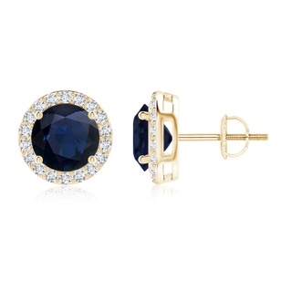 8mm A Vintage-Inspired Round Blue Sapphire Halo Stud Earrings in Yellow Gold