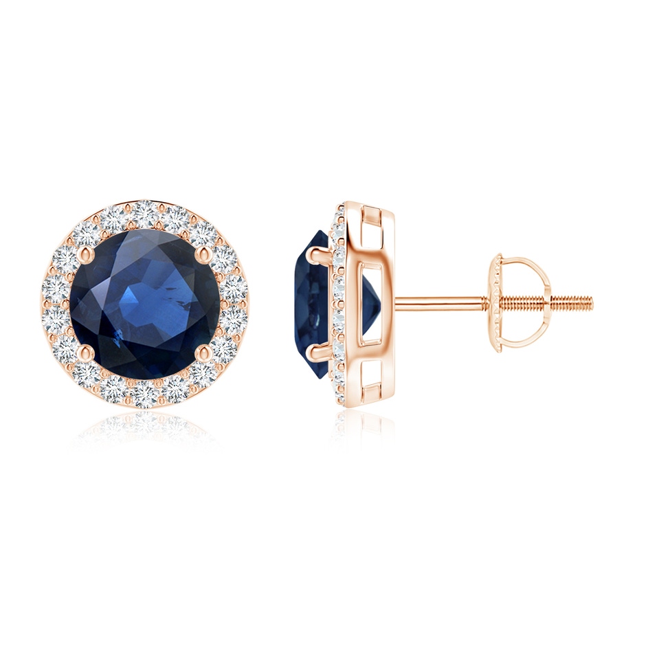 8mm AA Vintage-Inspired Round Blue Sapphire Halo Stud Earrings in Rose Gold 
