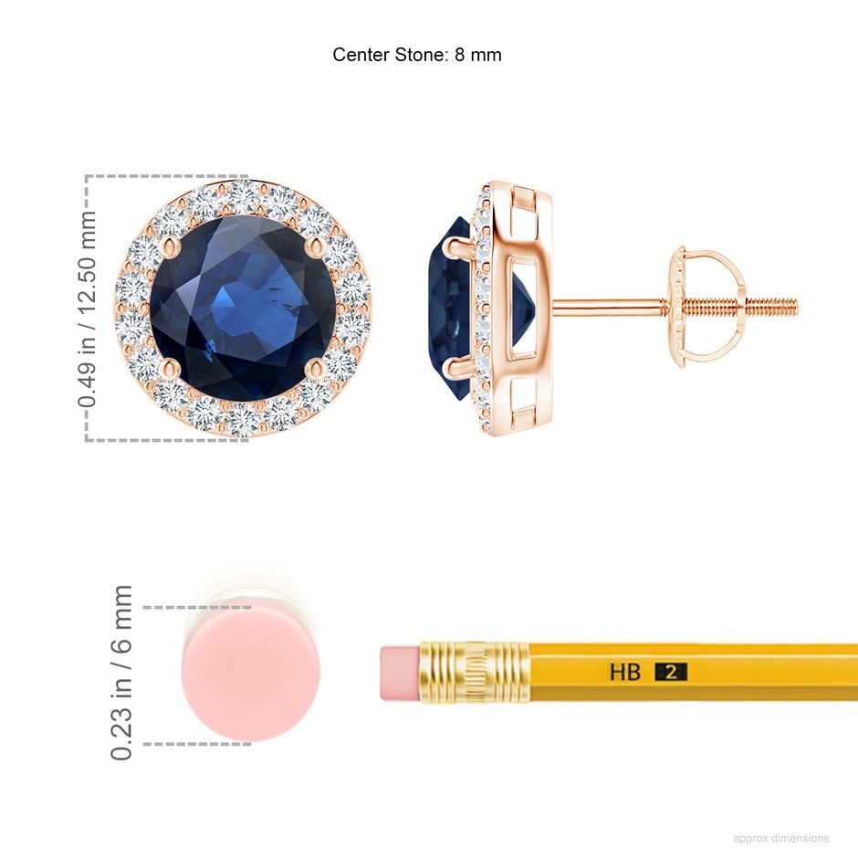 8mm AA Vintage-Inspired Round Blue Sapphire Halo Stud Earrings in Rose Gold ruler