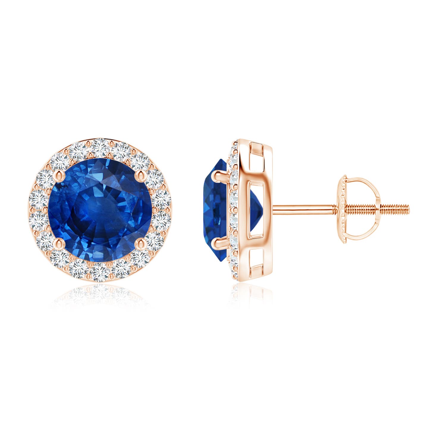 8mm AAA Vintage-Inspired Round Blue Sapphire Halo Stud Earrings in 18K Rose Gold