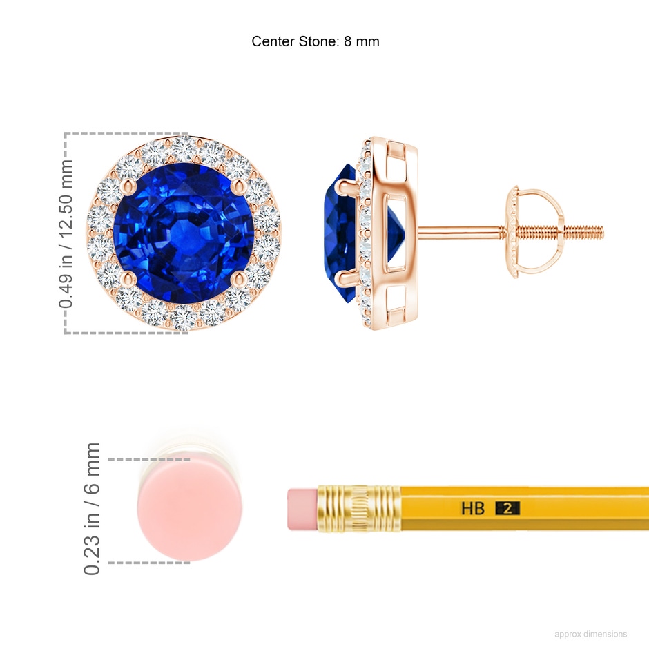 8mm AAAA Vintage-Inspired Round Blue Sapphire Halo Stud Earrings in Rose Gold ruler