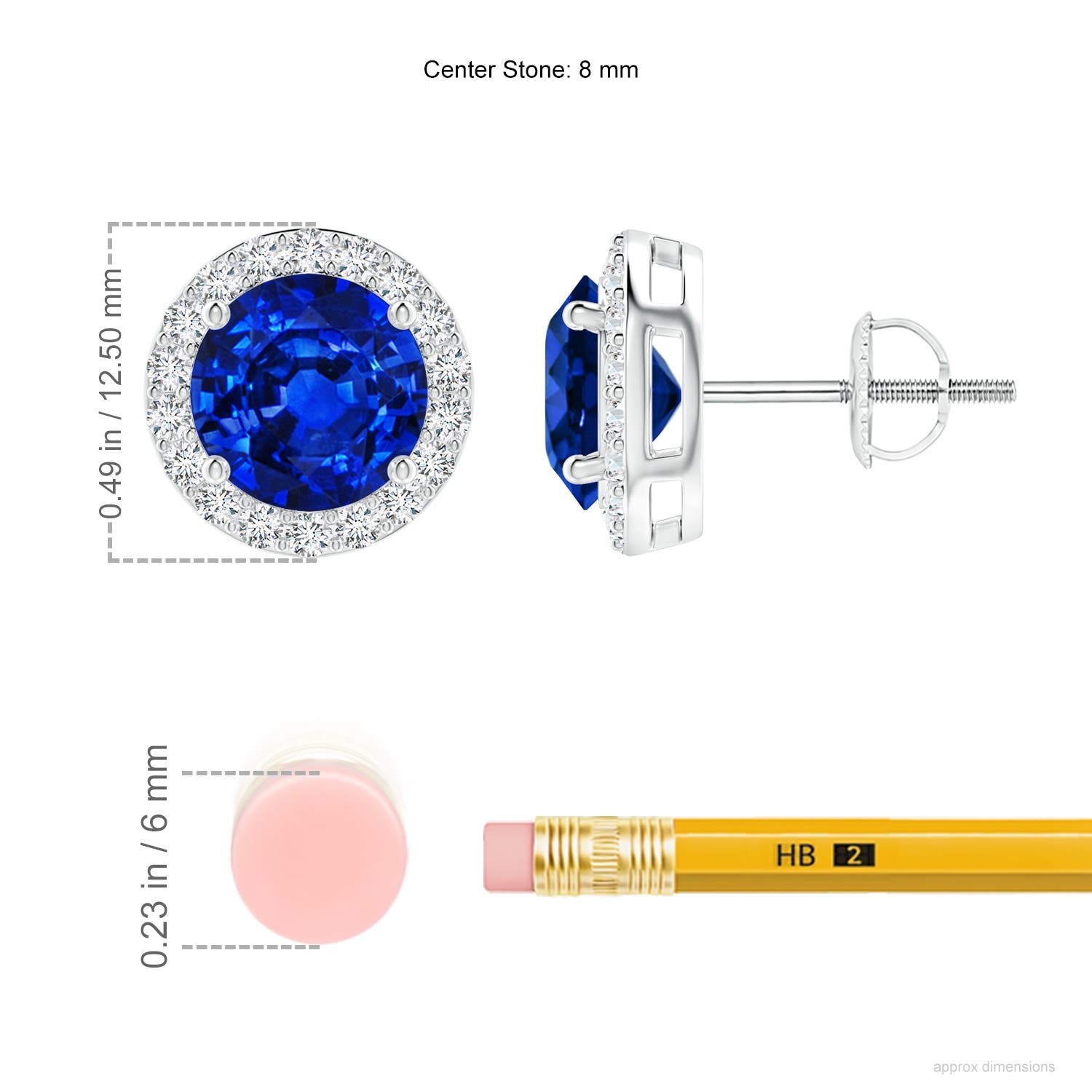 8mm AAAA Vintage-Inspired Round Blue Sapphire Halo Stud Earrings in White Gold - ruler