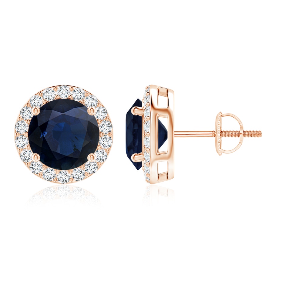 9mm A Vintage-Inspired Round Blue Sapphire Halo Stud Earrings in Rose Gold 