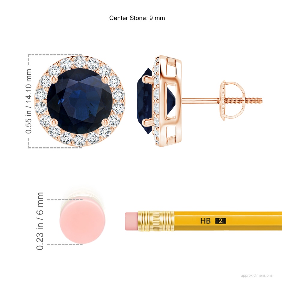 9mm A Vintage-Inspired Round Blue Sapphire Halo Stud Earrings in Rose Gold ruler