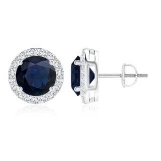 9mm A Vintage-Inspired Round Blue Sapphire Halo Stud Earrings in White Gold