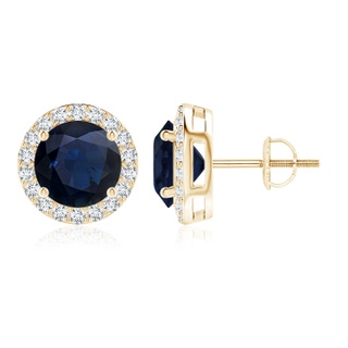 9mm A Vintage-Inspired Round Blue Sapphire Halo Stud Earrings in Yellow Gold