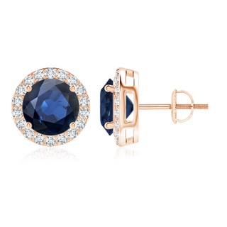 9mm AA Vintage-Inspired Round Blue Sapphire Halo Stud Earrings in 18K Rose Gold