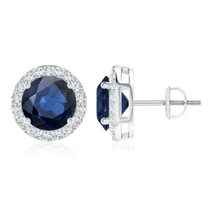 9mm AA Vintage-Inspired Round Blue Sapphire Halo Stud Earrings in White Gold