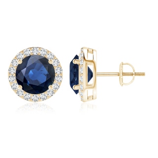 9mm AA Vintage-Inspired Round Blue Sapphire Halo Stud Earrings in Yellow Gold