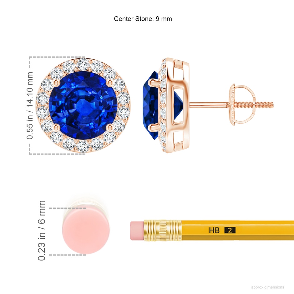 9mm AAAA Vintage-Inspired Round Blue Sapphire Halo Stud Earrings in 18K Rose Gold ruler