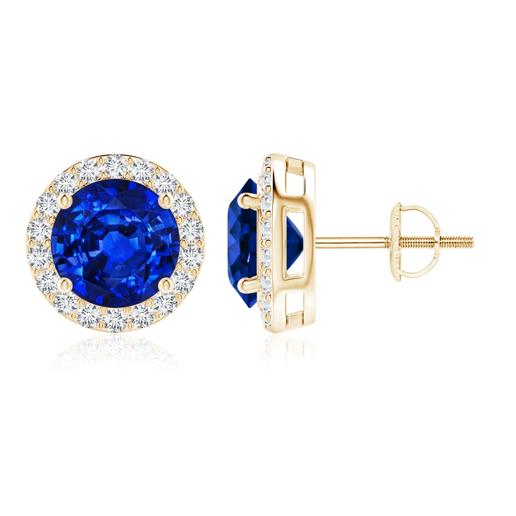 9mm AAAA Vintage-Inspired Round Blue Sapphire Halo Stud Earrings in Yellow Gold
