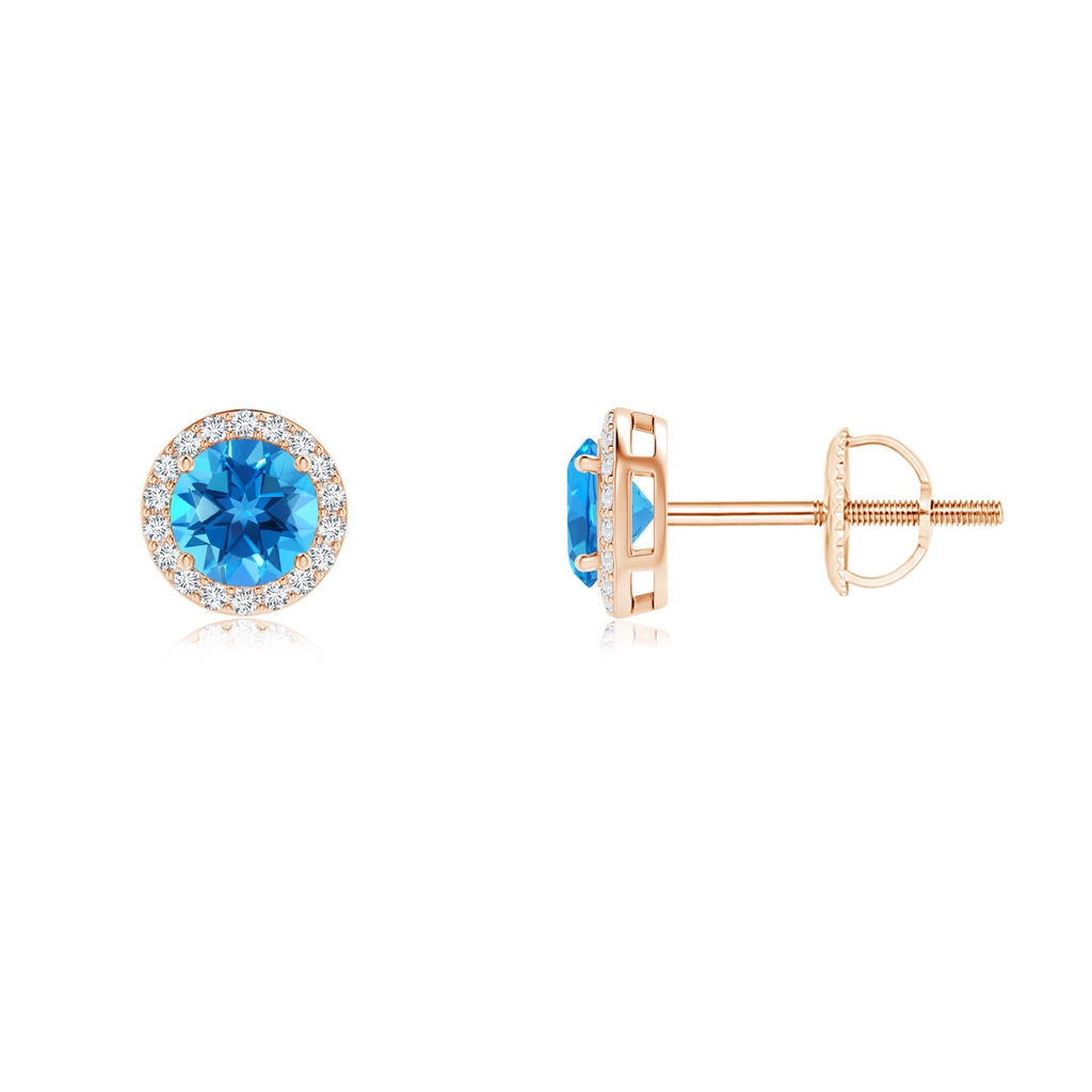 4mm AAAA Vintage-Inspired Round Swiss Blue Topaz Halo Stud Earrings in Rose Gold