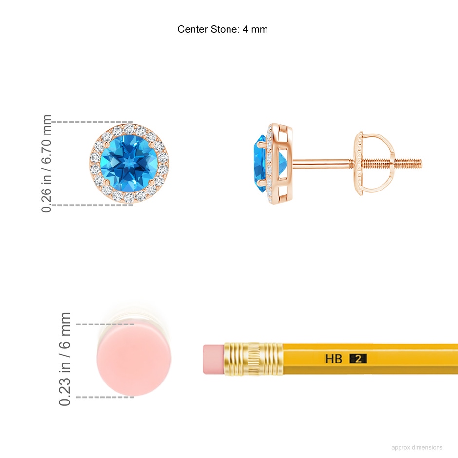 4mm AAAA Vintage-Inspired Round Swiss Blue Topaz Halo Stud Earrings in Rose Gold ruler