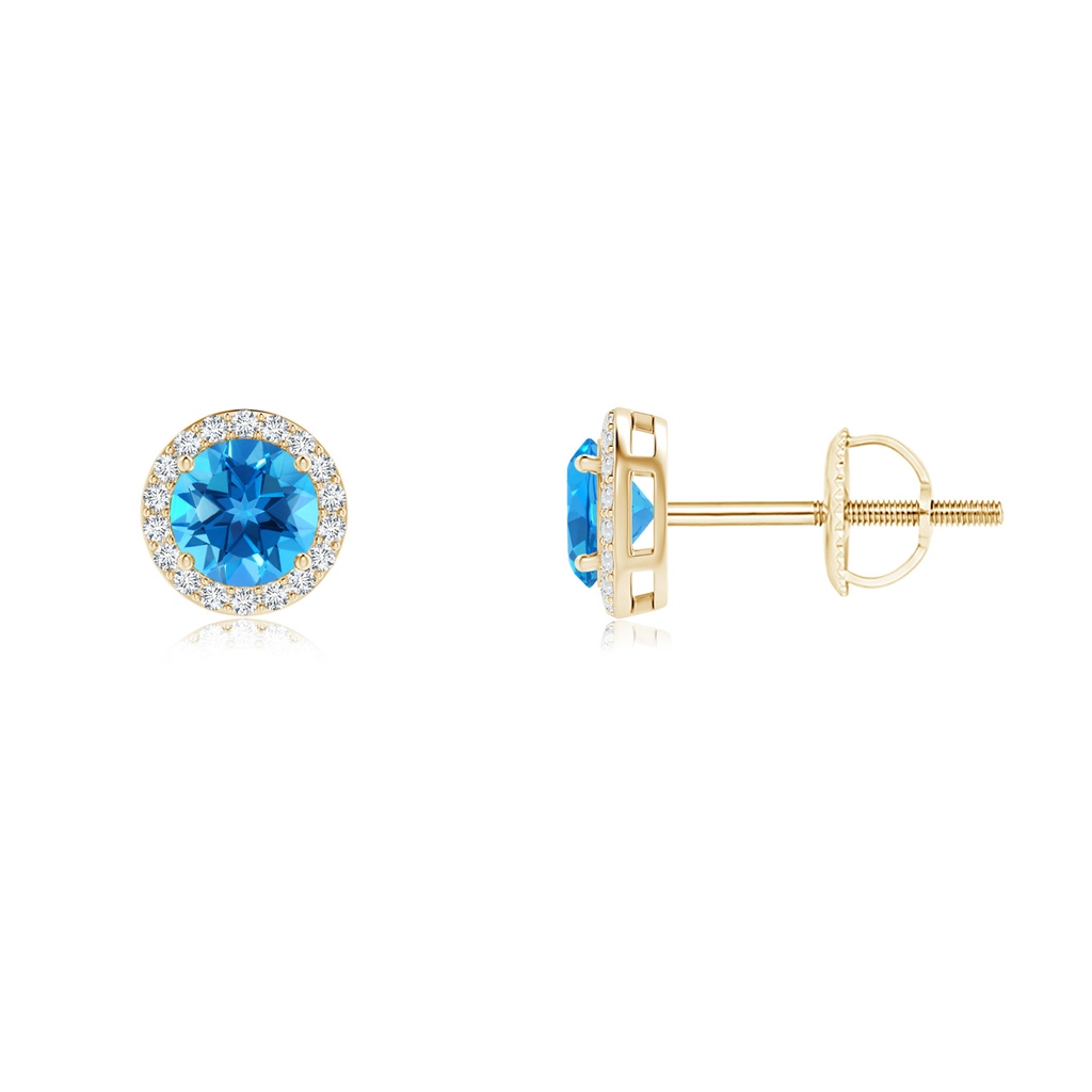 4mm AAAA Vintage-Inspired Round Swiss Blue Topaz Halo Stud Earrings in Yellow Gold