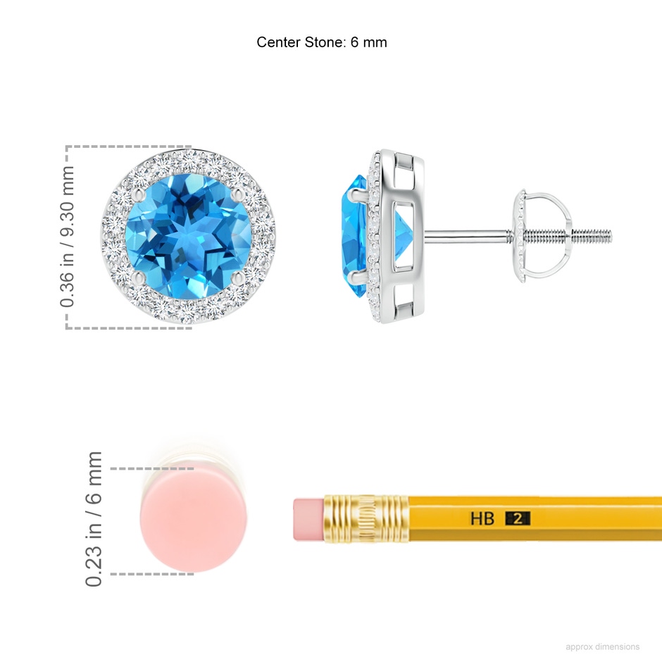 6mm AAA Vintage-Inspired Round Swiss Blue Topaz Halo Stud Earrings in 18K White Gold ruler