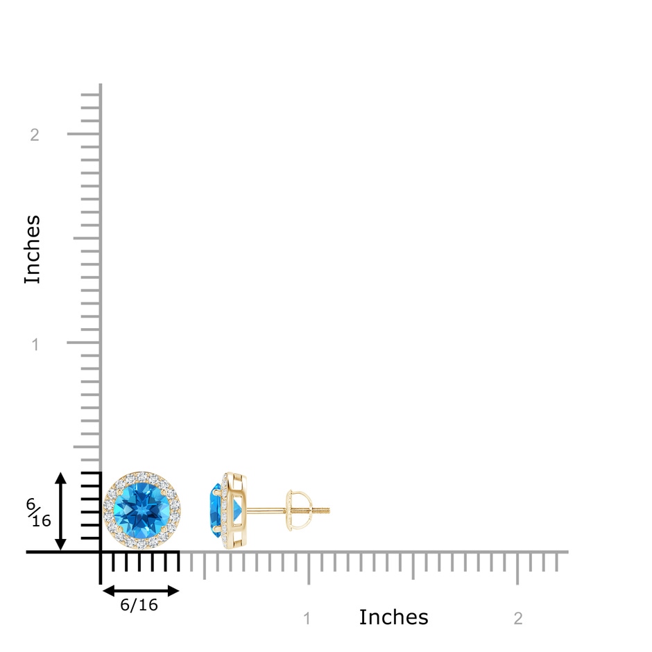 6mm AAAA Vintage-Inspired Round Swiss Blue Topaz Halo Stud Earrings in Yellow Gold ruler