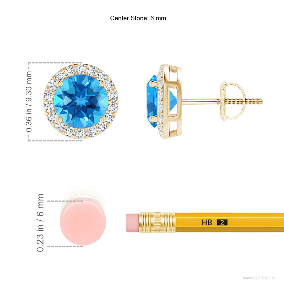 6mm AAAA Vintage-Inspired Round Swiss Blue Topaz Halo Stud Earrings in Yellow Gold ruler