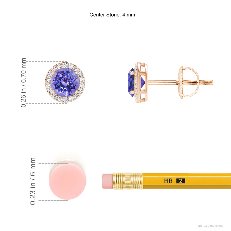 4mm AAA Vintage-Inspired Round Tanzanite Halo Stud Earrings in Rose Gold ruler