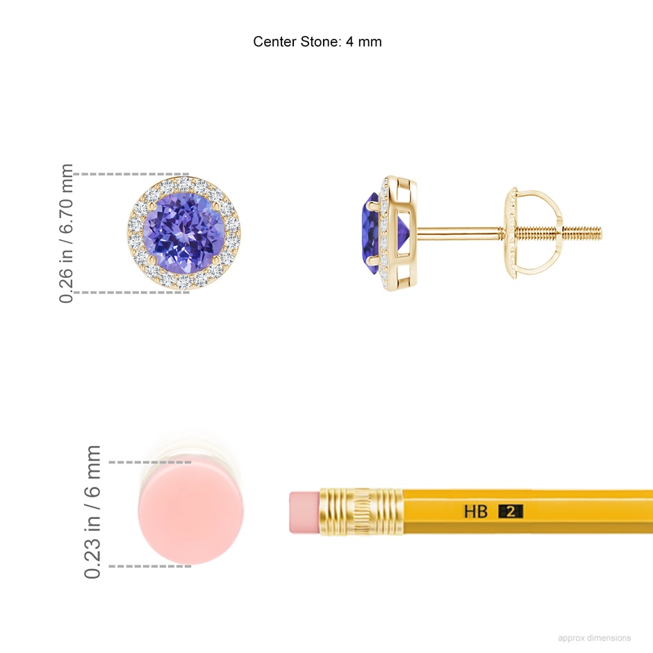 4mm AAA Vintage-Inspired Round Tanzanite Halo Stud Earrings in Yellow Gold ruler