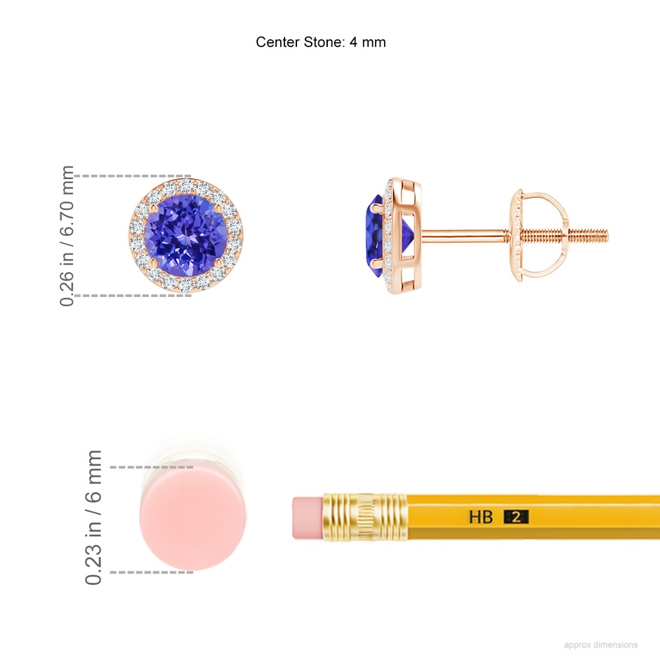 4mm AAAA Vintage-Inspired Round Tanzanite Halo Stud Earrings in Rose Gold ruler