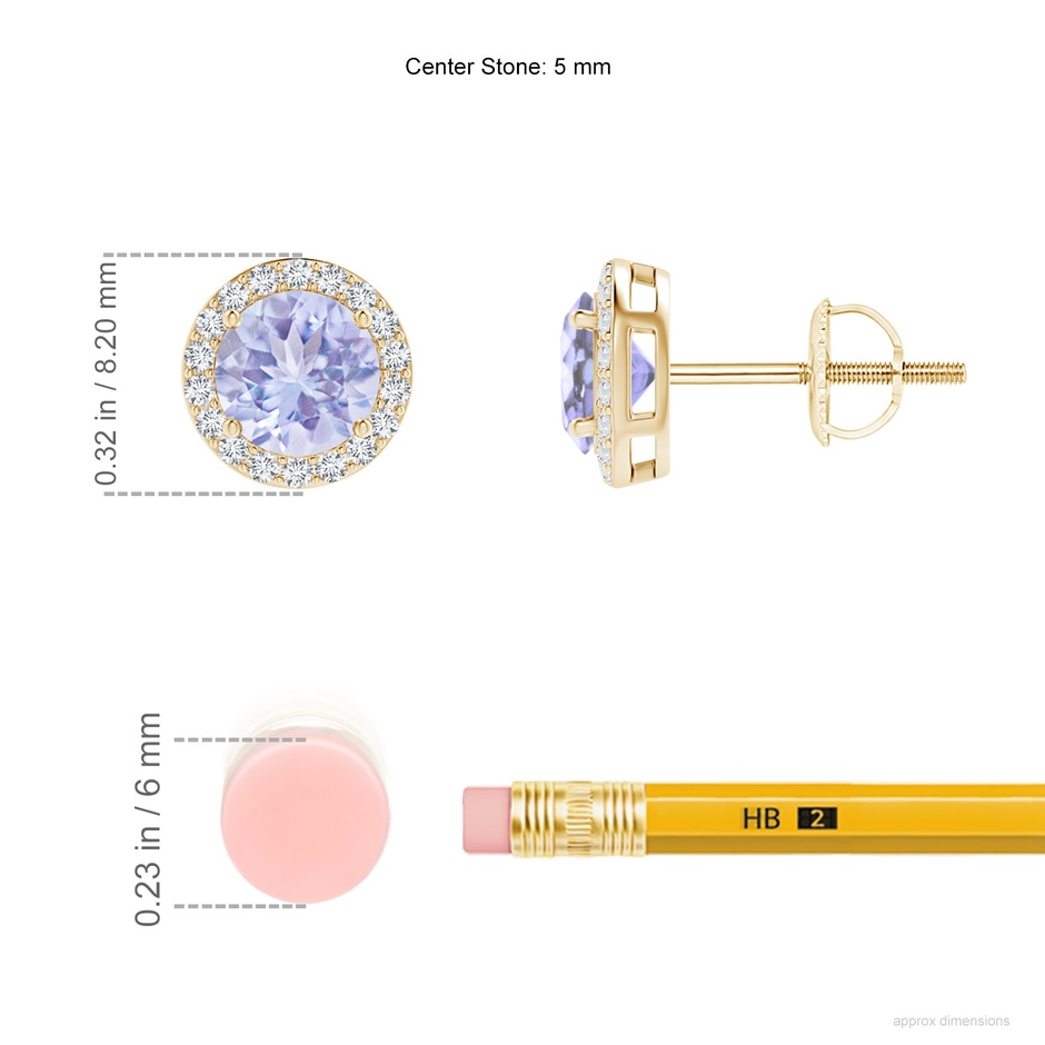5mm A Vintage-Inspired Round Tanzanite Halo Stud Earrings in Yellow Gold ruler