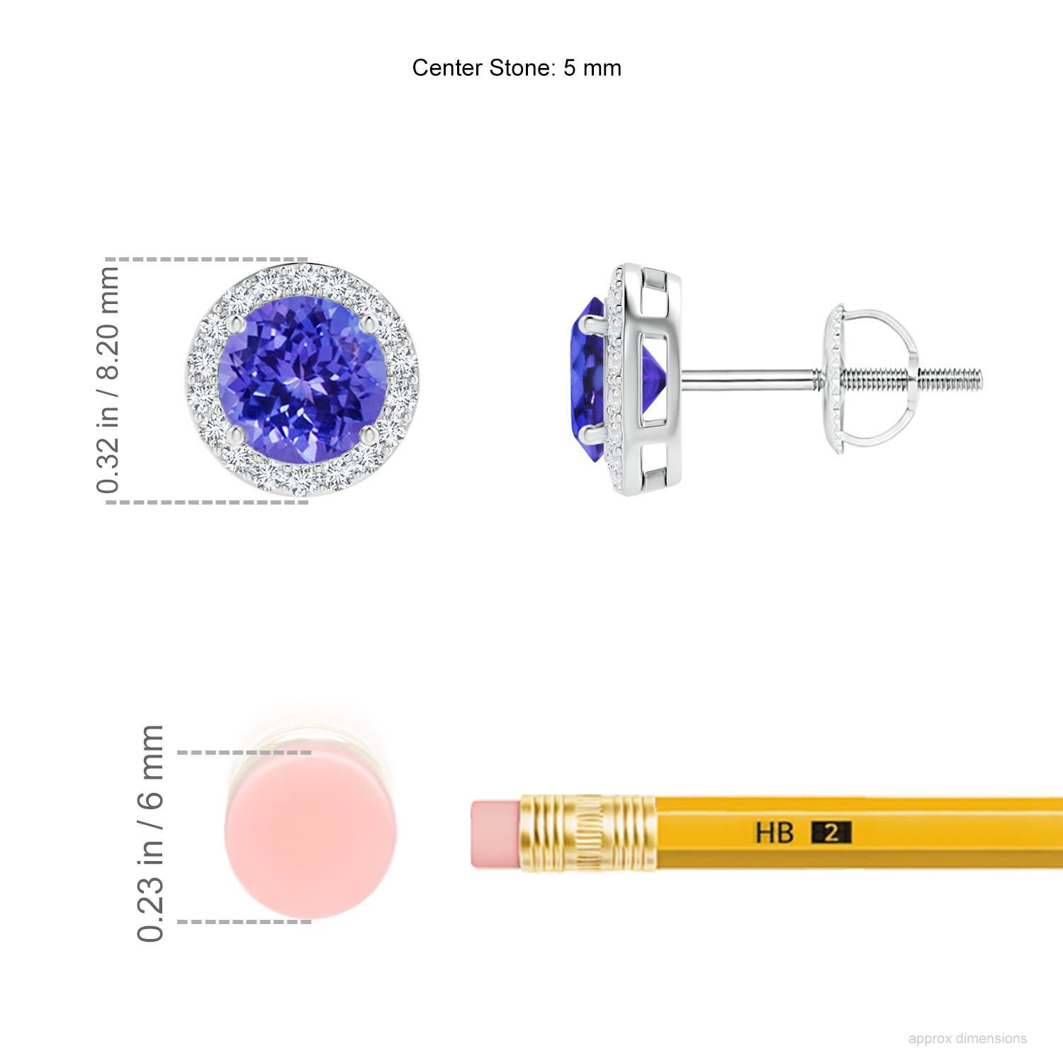 5mm AAAA Vintage-Inspired Round Tanzanite Halo Stud Earrings in White Gold - ruler