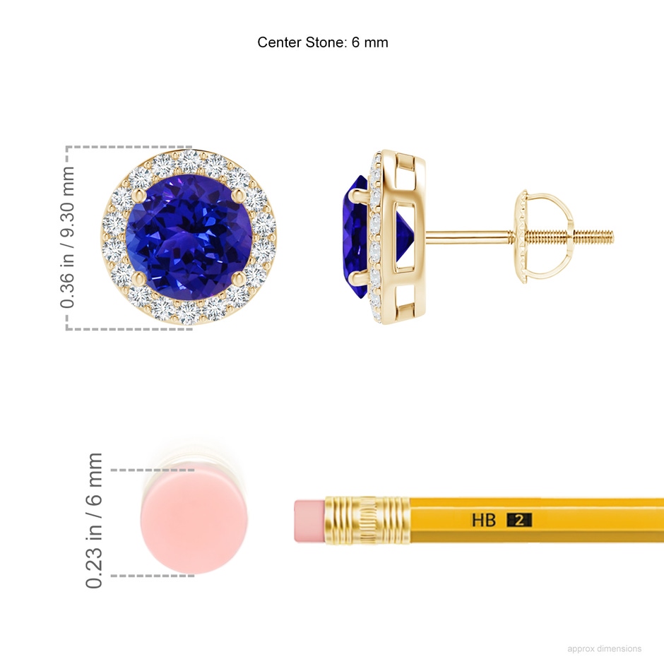 6mm AAAA Vintage-Inspired Round Tanzanite Halo Stud Earrings in Yellow Gold ruler