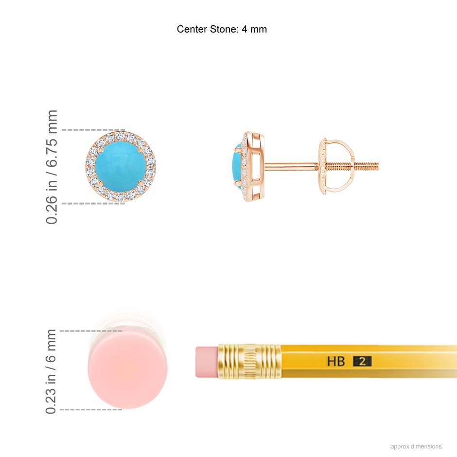 4mm AA Vintage-Inspired Round Turquoise Halo Stud Earrings in Rose Gold ruler