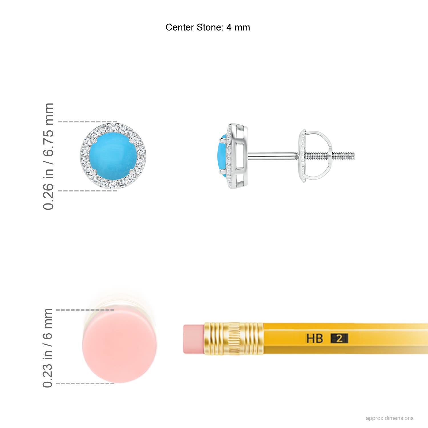 4mm AAA Vintage-Inspired Round Turquoise Halo Stud Earrings in White Gold - ruler