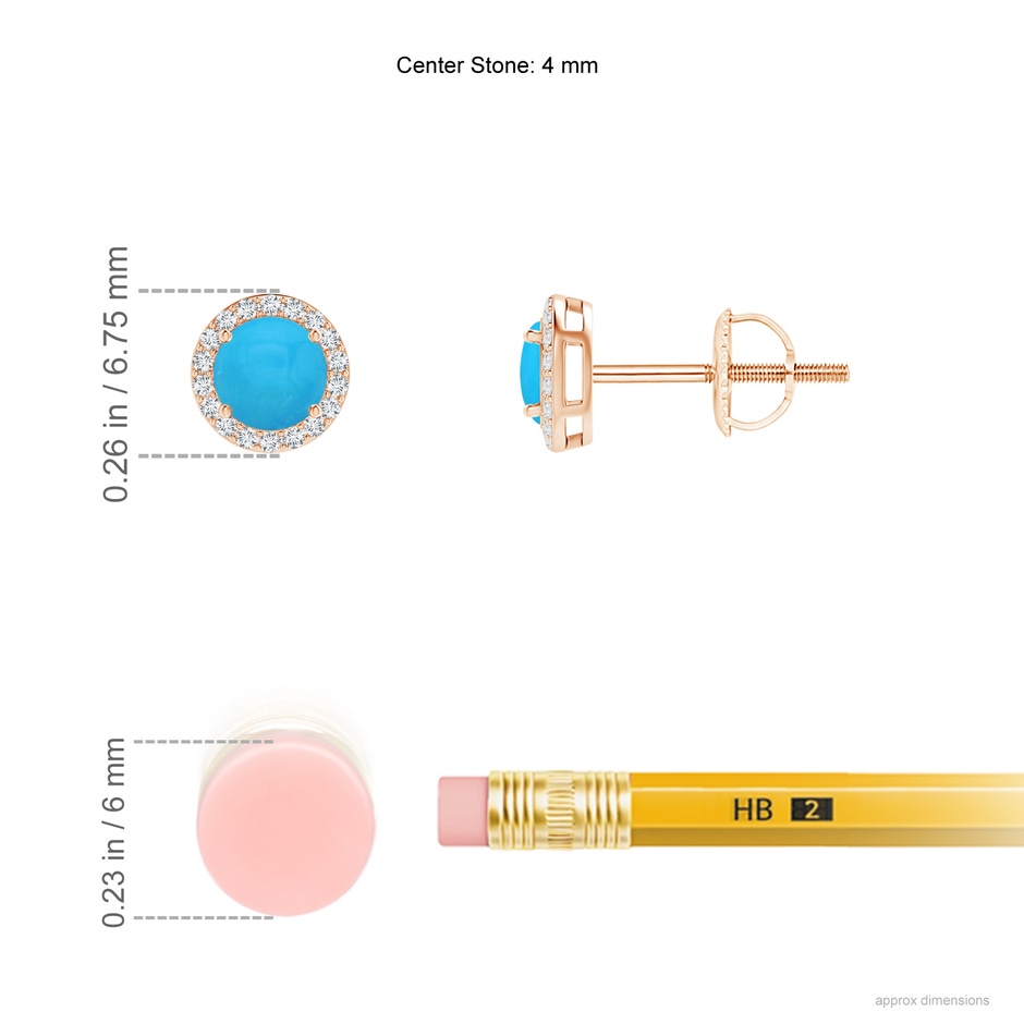 4mm AAAA Vintage-Inspired Round Turquoise Halo Stud Earrings in Rose Gold ruler