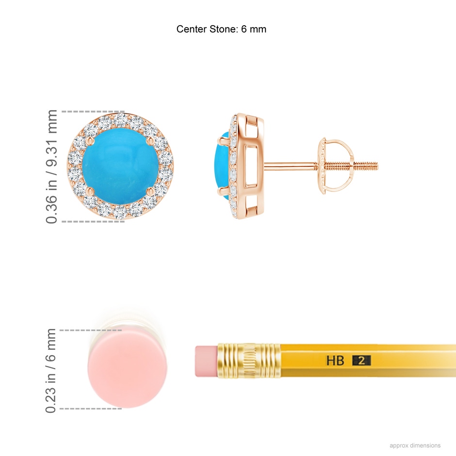 6mm AAAA Vintage-Inspired Round Turquoise Halo Stud Earrings in Rose Gold ruler