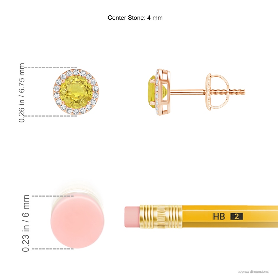4mm AA Vintage-Inspired Round Yellow Sapphire Halo Stud Earrings in 9K Rose Gold ruler