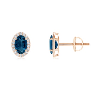 6x4mm AAAA Oval London Blue Topaz Stud Earrings with Diamond Halo in 9K Rose Gold